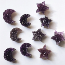Load image into Gallery viewer, Amethyst druzy crystal star or crescent moon